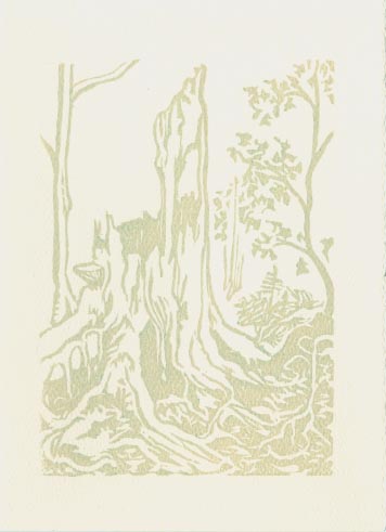 cedar stump lino cut